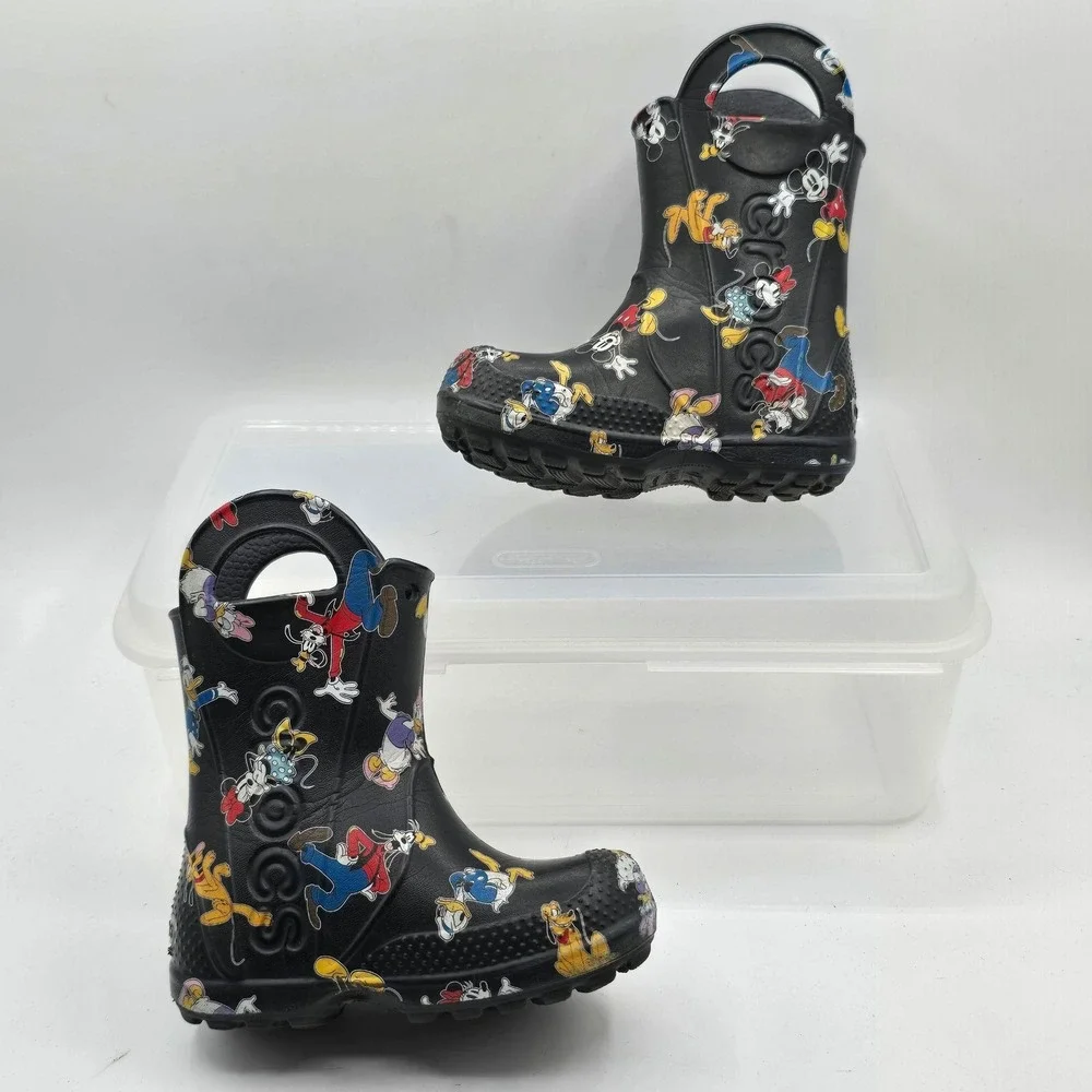Crocs Rain Boots Kids Size 7 Black Disney Mickey Minnie Goofy Pluto Print